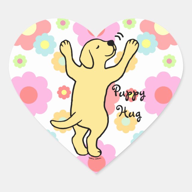 Sticker Cœur Cartoon floral jaune Labrador Puppy Hug (Devant)