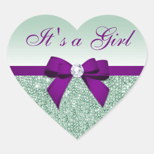Sticker Cœur C'est une fille Faux Mint Sequins Purple Bow