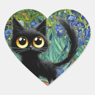 Sticker Cœur Chat noir écossais dans un champ d'Irises pourpres