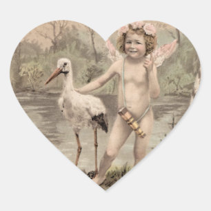 Sticker Cœur Cherub vintage avec cigogne près du lac
