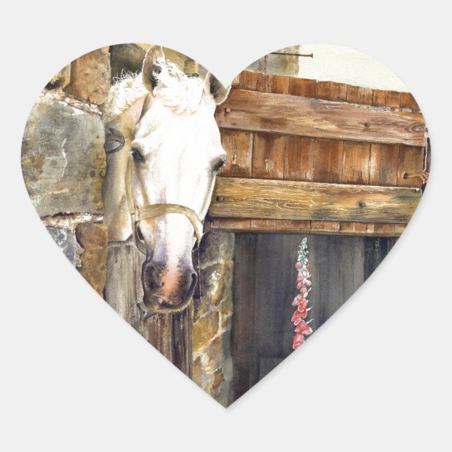 Sticker Cœur Cheval blanc 'Naughty Boy' dans une grange (Devant)