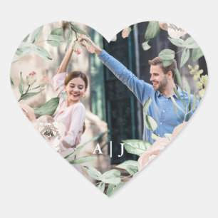 Sticker Cœur Chic Blush Floral avec Monogram Mariage photo