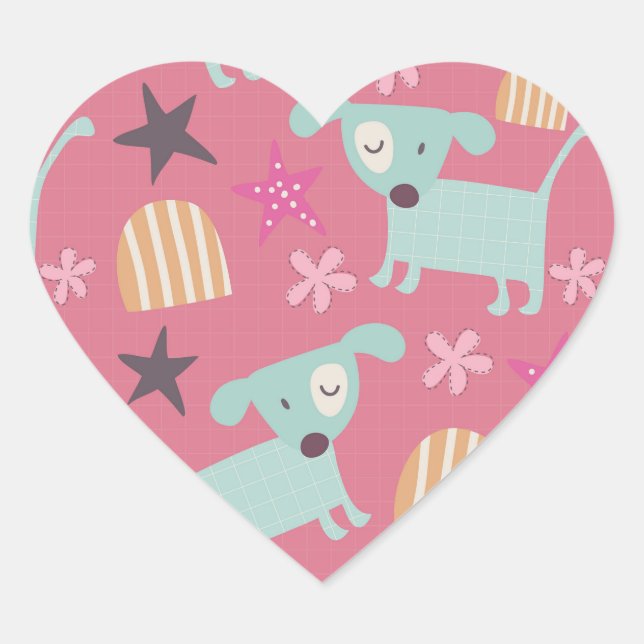 Sticker Cœur Chiots, étoiles et fleurs (Devant)