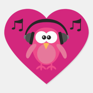 Sticker Cœur Chouette rose avec casque et notes musicales