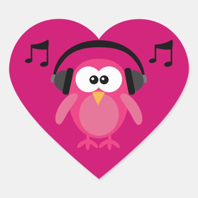 Sticker Cœur Chouette rose avec casque et notes musicales (Devant)