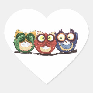 Sticker Cœur Chouettes Hoot Voir Parler N'Entendre Aucun Mal