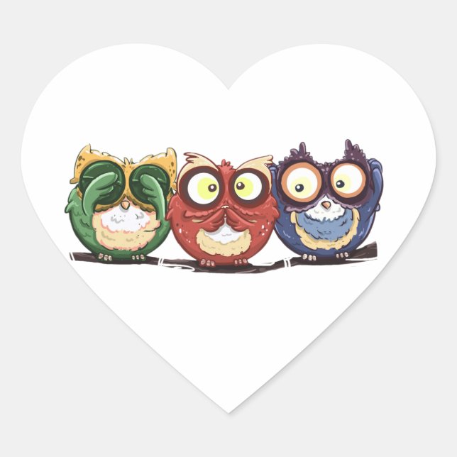 Sticker Cœur Chouettes Hoot Voir Parler N'Entendre Aucun Mal (Devant)
