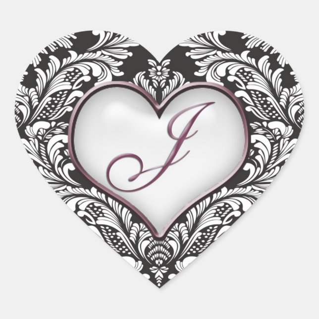 Sticker Cœur Coeur damassé noir blanc Lettre monogramme J Stick (Devant)