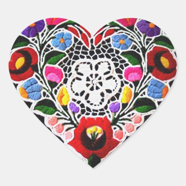 Sticker Cœur Coeur de broderie hongrois sur noir (Devant)