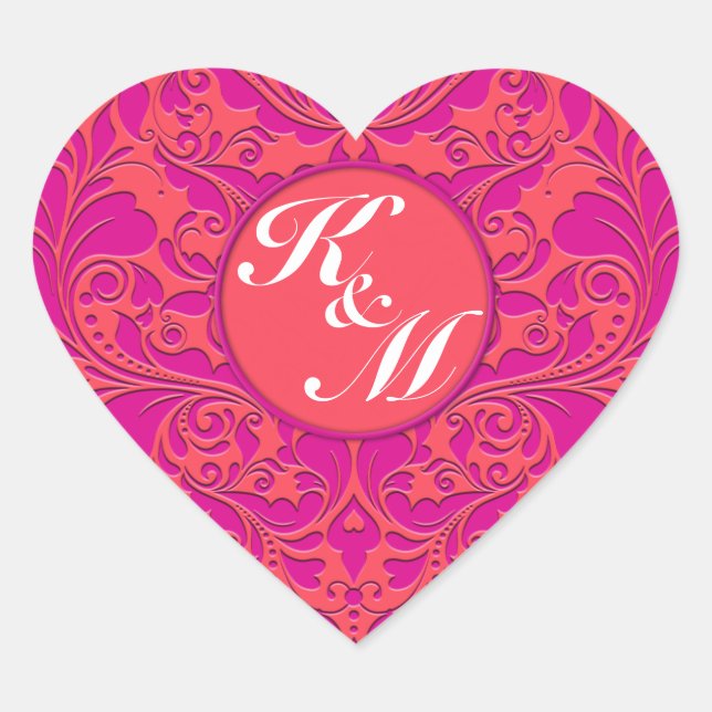 Sticker Cœur Coeur HeartyParty framboise et magenta Damask (Devant)