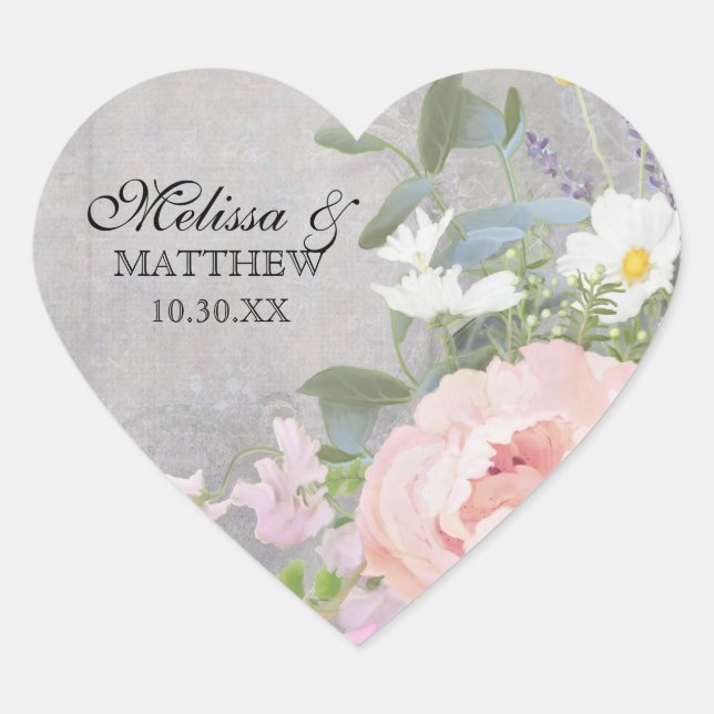 Sticker Cœur Coeur romantique BOHO Rustique Woodsy Floral Peony (Devant)