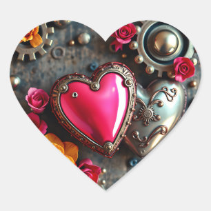 Sticker Cœur Cœur rose et engrenages métalliques steampunk