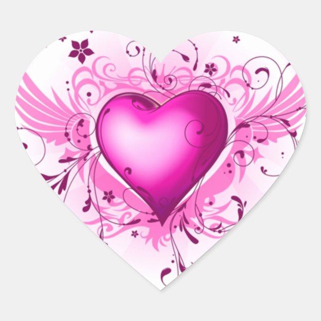 Sticker Cœur Coeur rose et flèches et fleurs délicates (Devant)