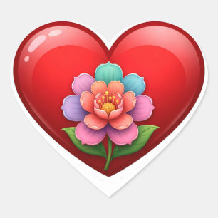 Sticker Cœur Cœur Rouge Romantique Avec Centre Floral