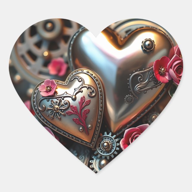 Sticker Cœur Cœurs métalliques et fleurs roses Steampunk (Devant)