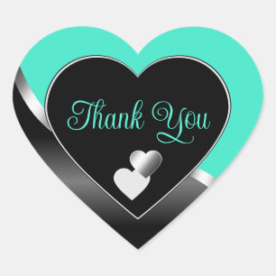 Sticker Cœur Coeurs noirs turquoises et Merci argenté ondulé
