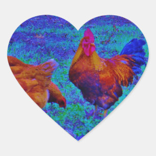 Sticker Cœur Coq et poules arc-en-ciel, bleu électrique