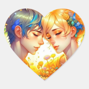 Sticker Cœur Couple floral thème garçon et fille d'anime