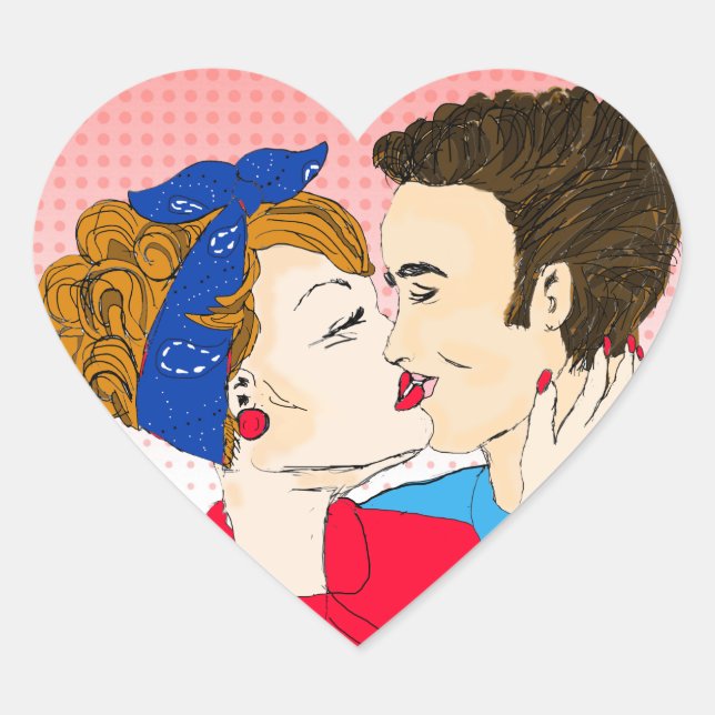 Sticker Cœur Couple Rétro Baiser Romantique Flirté (Devant)