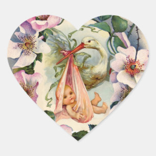 STICKER CŒUR COURONNE DE BABY SHOWER DE FILLE DE CIGOGNE AVEC