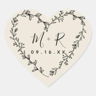 Sticker Cœur Couronne de cœur florale avec initiales calligraph