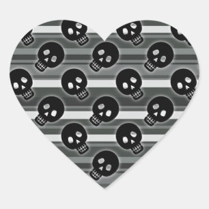 Sticker Cœur Crânes noirs sur fond rayé blanc noir