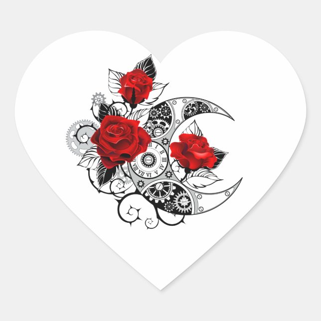 Sticker Cœur Croissant mécanique avec roses rouges (Devant)