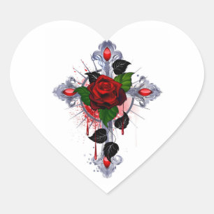 Sticker Cœur Croix d'argent avec une rose rouge