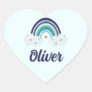 Sticker Cœur Cute arc-en-ciel bleu   Baby Boy   Nom personnalis