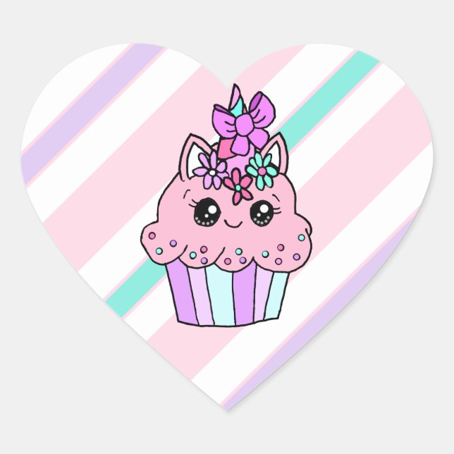 Sticker Cœur Cute Cartoon Coeur Unicorn Cupcake (Devant)