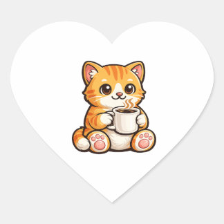 Sticker Cœur Cute Cat Coffee – Cozy Orange Cat Drinking Coffee 