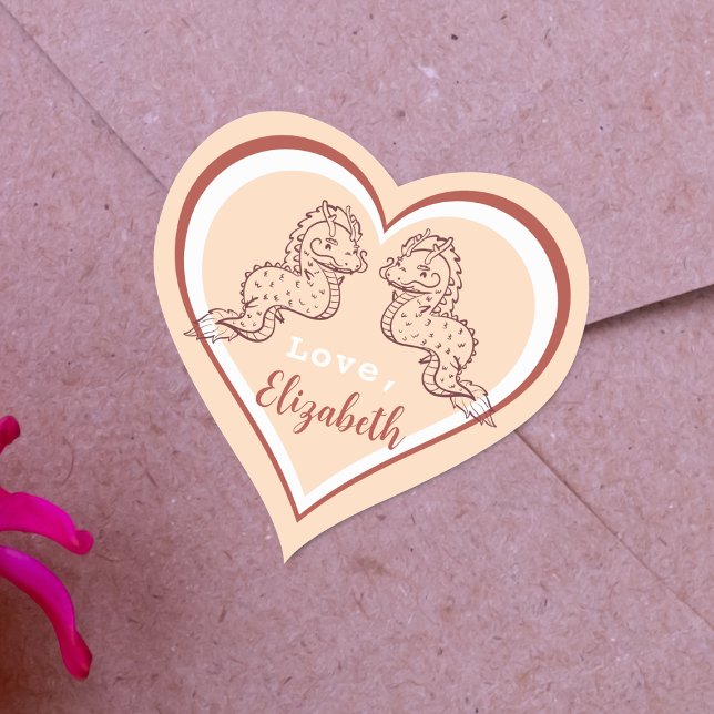 Sticker Cœur Cute Dragon chinois Saint Valentin rose (Share the magic of love with duo dragons heart stickers.)