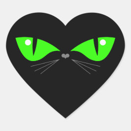 Sticker Cœur Cute drôle Chat noir visage vert yeux Whiskers