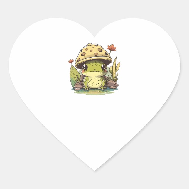 Sticker Cœur Cute Frog Avec Casquette Champignons, Cute Frogs K (Devant)