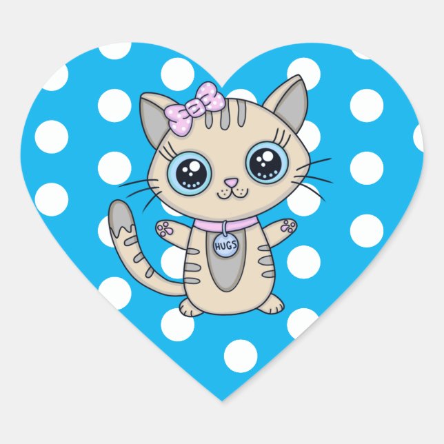 Sticker Cœur Cute Grey Kitty Chat bleu Polka Point personnalisé (Devant)