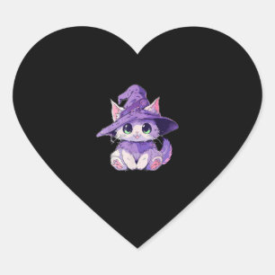 Sticker Cœur Cute Kitty Chat Kitten en Sorcière Casquette Fille