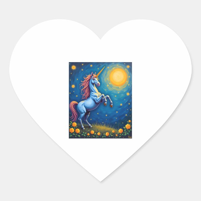 Sticker Cœur Cute Unicorn Starry Night (4) (Devant)