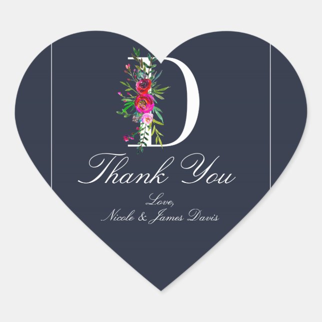 Sticker Cœur D Monogramme Dernier initial bleu Floral Mariage (Devant)