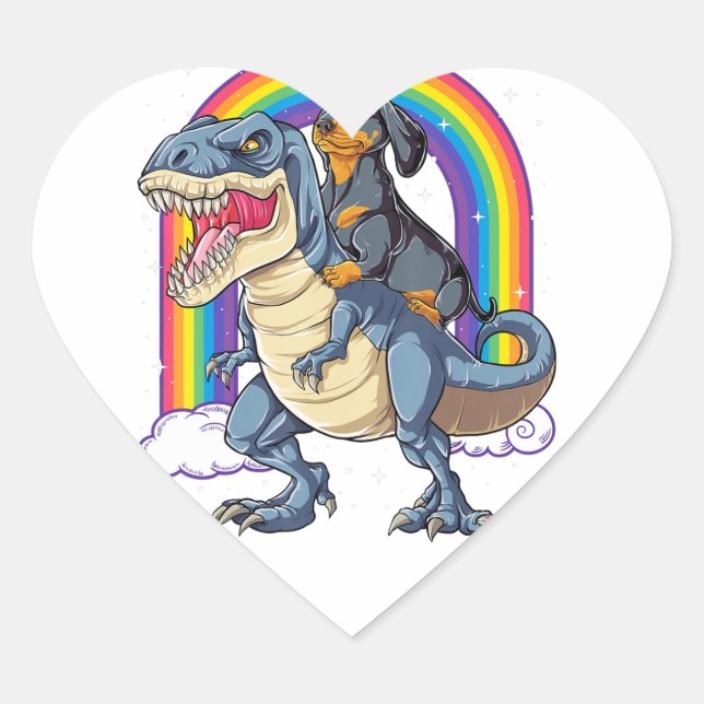 Sticker Cœur Dachshund Riding Dinosaur T Rex Gifts Boys Kids Me (Devant)