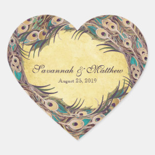 Sticker Cœur Damask Peacock Elegance Eggplant Gold et Aqua