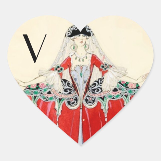 STICKER CŒUR DAME EN ROUGE, BEAUTÉ, COSTUME MODE, MONOGRAMME CA (Devant)