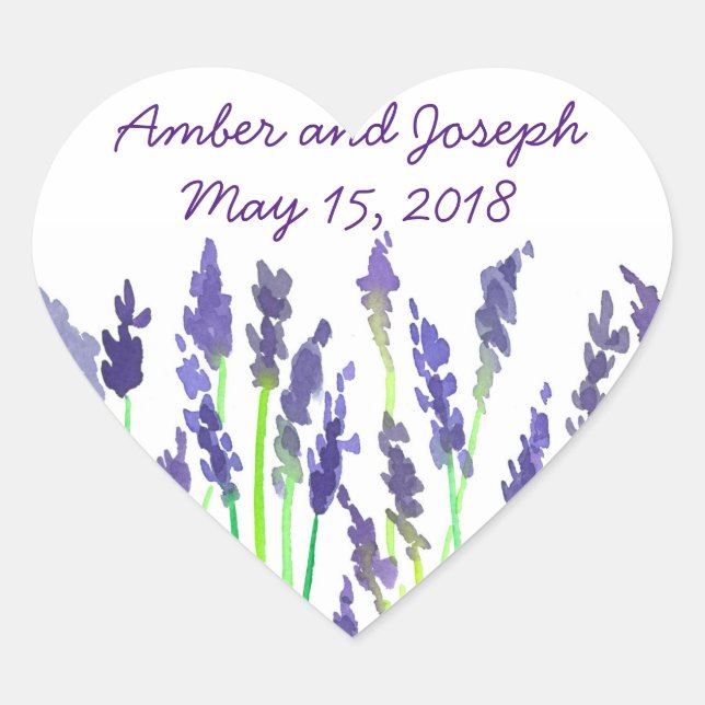 Sticker Cœur Date du Mariage des fleurs de lavande aquarelle (Devant)