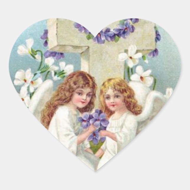 Sticker Cœur De Mignons Anges Avec Croix Et Fleurs. (Devant)