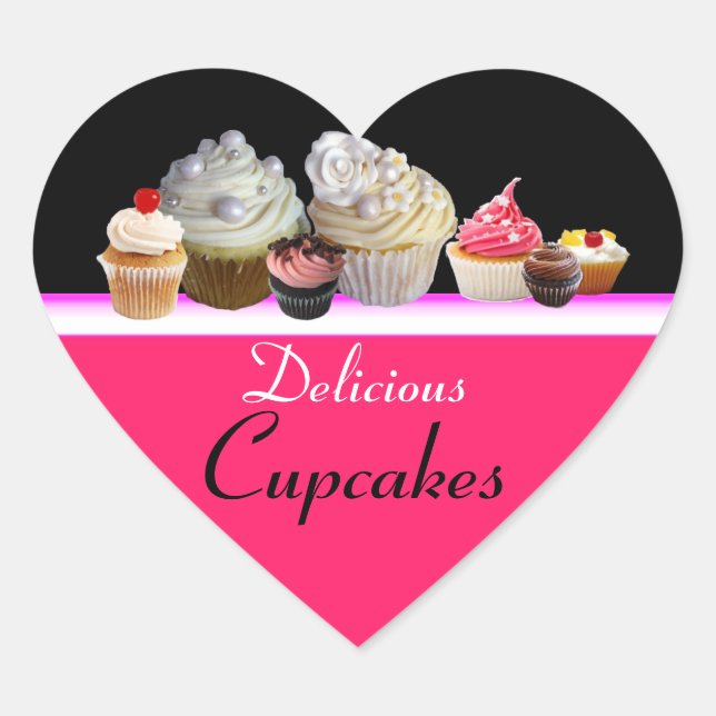 Sticker Cœur DÉLICIEUX CUPCAKES ANNIVERSAIRE FÊTE, rouge rose n (Devant)