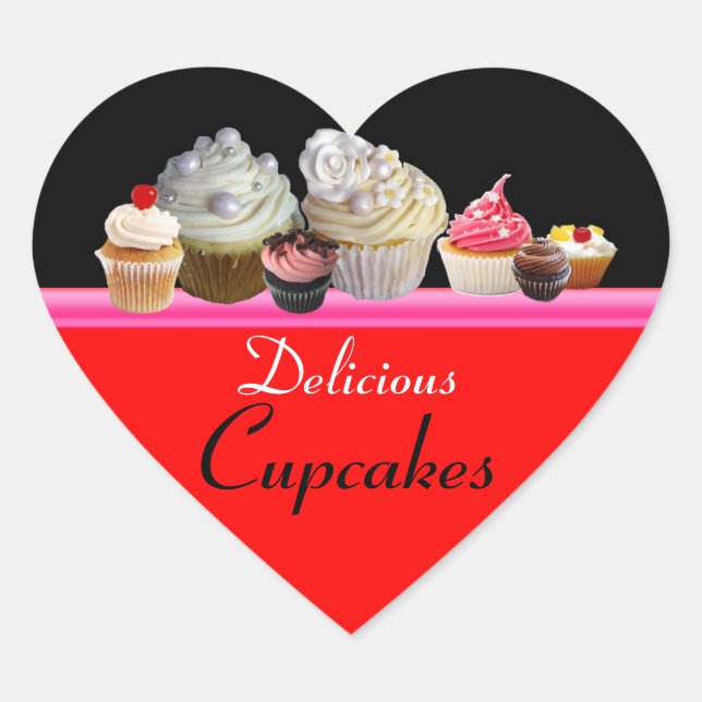 Sticker Cœur DÉLICIEUX CUPCAKES ANNIVERSAIRE FÊTE, rouge rose n (Devant)