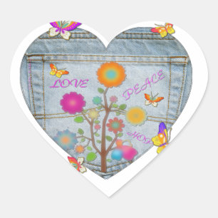 Sticker Cœur Denim Pocket Fleurs cardiaques Papillons