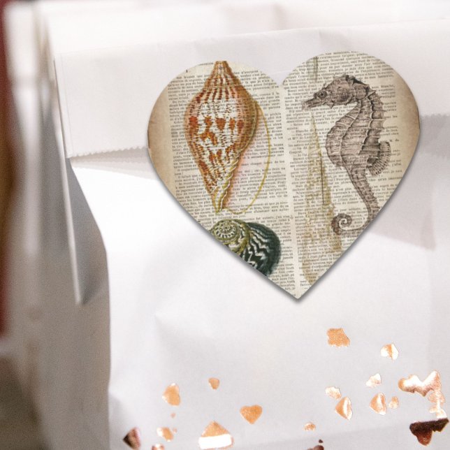 Sticker Cœur dictionnaire imprimé pays français coquillage vint (dictionary print french country vintage seashell heart sticker)