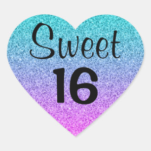 Sticker Cœur Douce 16 Seize Ombre bleu rose Parties scintillant