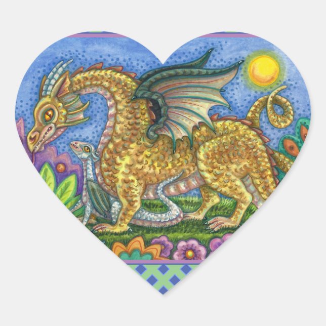 STICKER CŒUR DRAGON MÉDIÉVAL & JEUNE, JARDIN D'ART FOLK COLORÉ (Devant)