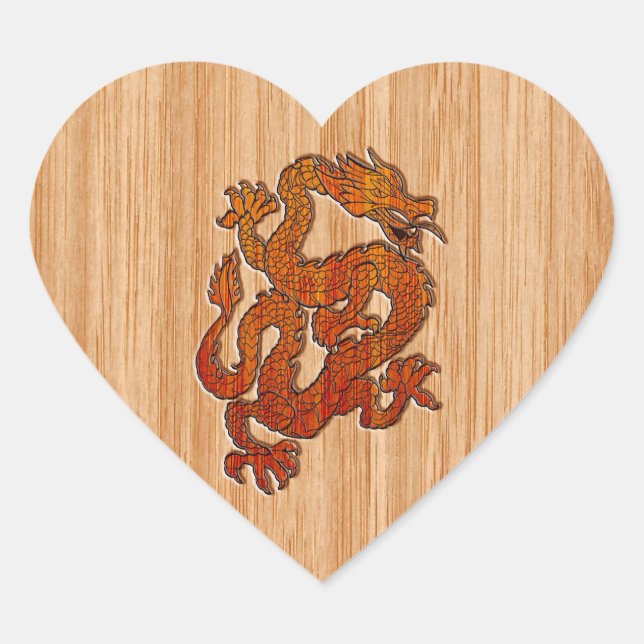 Sticker Cœur Dragon Oriental Rouge en Bambou (Devant)